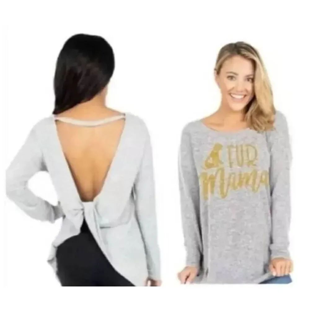 NWT Simply Southern Top Grey "Fur Mama" Pullover Long Sleeve Open Back Size XL